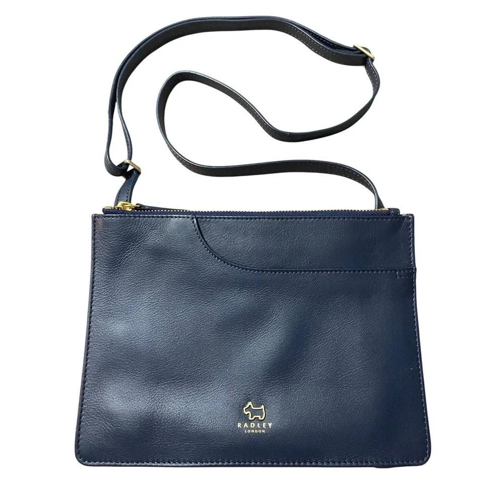 Radley London Navy Blue Leather Crossbody Bag Multi Zip Shoulder Purse Small